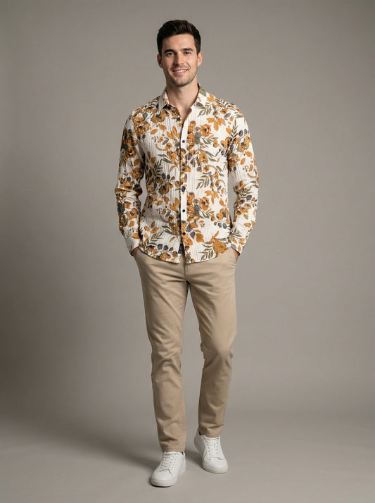 Full front view of Men's Showmine Earthy Floral Seersucker Button-Down Shirt with botanical print