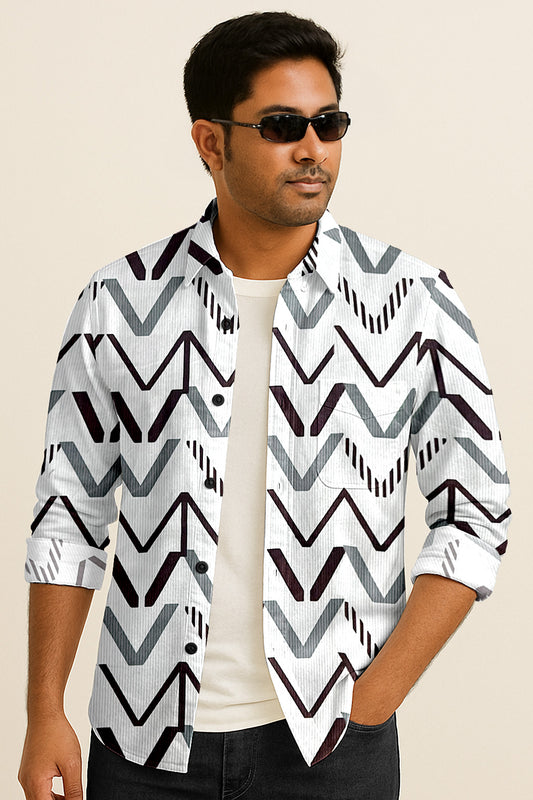 Geometric Printed Casual Button Down Shirt – Long Sleeve Cotton Summer Beachwear with Pocket