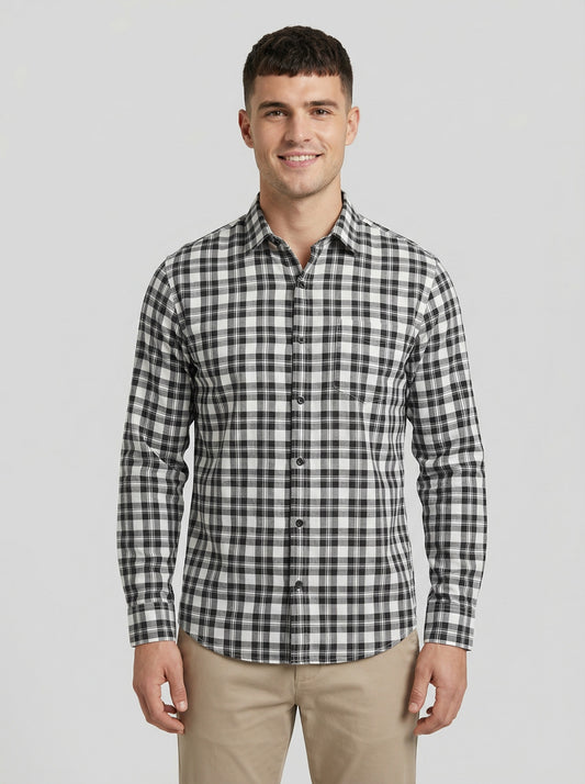 Men's Black and White Gingham Plaid Long Sleeve Button-Down Shirt