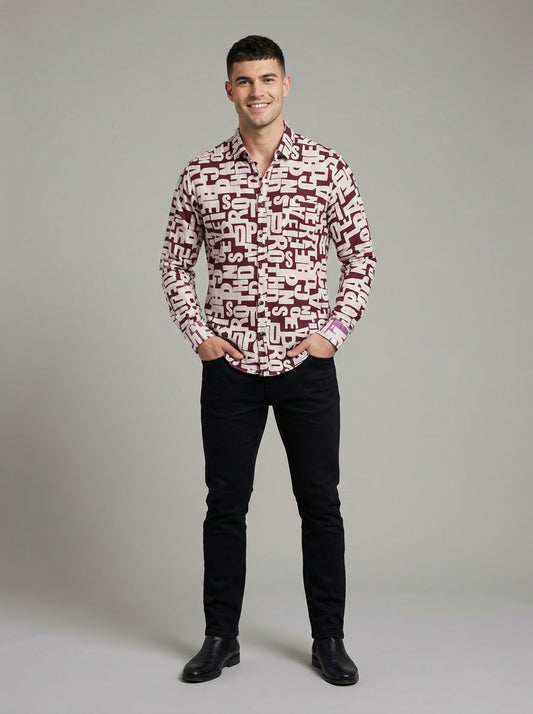 Men's Abstract Alphabet Print Button-Up Shirt - Burgundy & Cream Graphic Long Sleeve