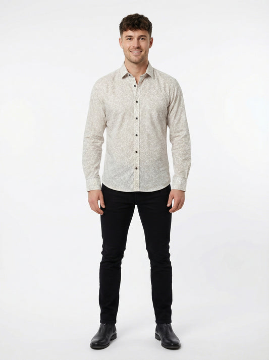 Men's Elegant Cream Leaf Print Long Sleeve Button-Down Shirt