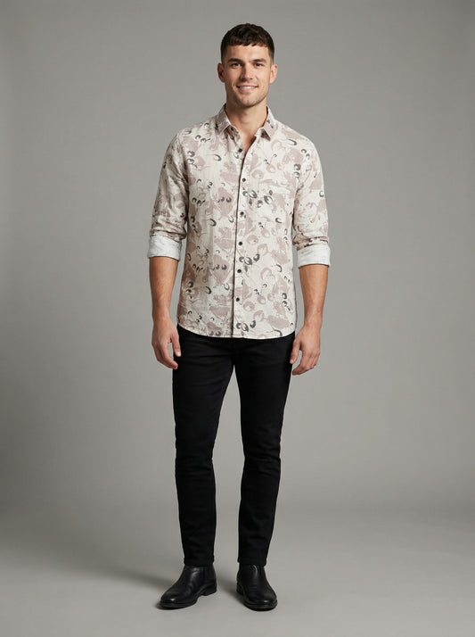 The Showfine Men's Abstract Floral Print Button-Down Shirt - Breathable Linen Blend