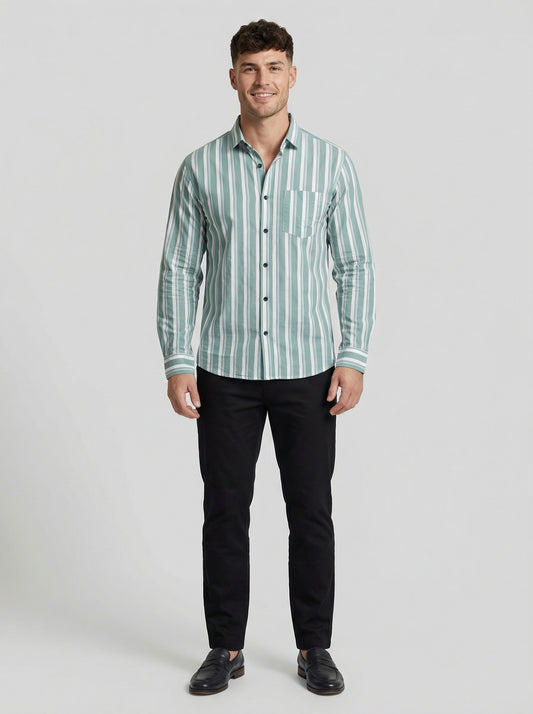 Men's Sage Green and White Horizontal Striped Button-Down Shirt