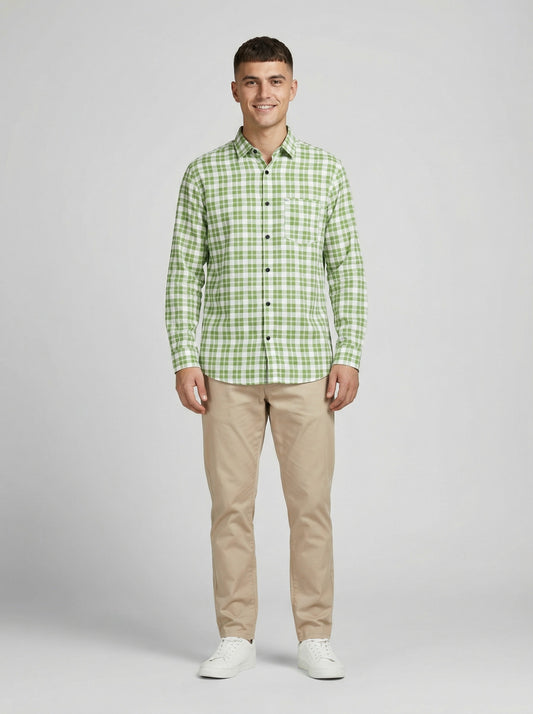 Men's Sage Green Gingham Checkered Long Sleeve Button-Down Shirt