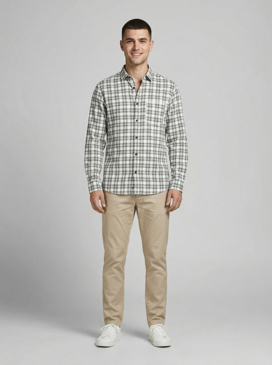 Men's Classic Grey & White Plaid Button-Down Shirt