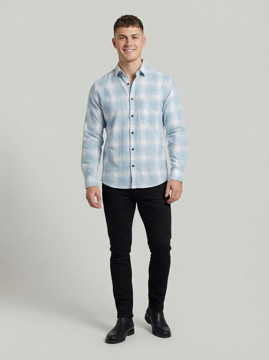 Men's Light Blue and White Plaid Long Sleeve Button-Down Shirt