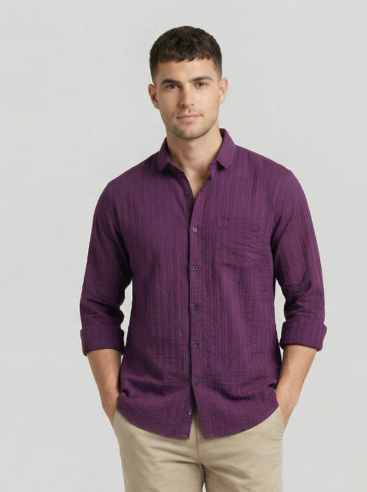 Men's Royal Purple Textured Long Sleeve Button Down Casual Shirt