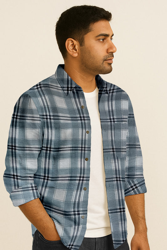 Men's Long Sleeve Plaid Shirt – Textured Cotton Blend Seersucker Button Down for Casual Everyday Wear