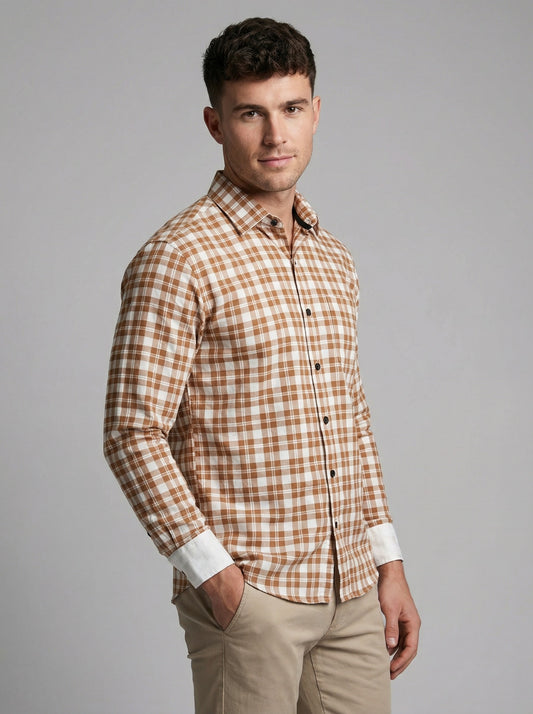 Men's Orange and White Gingham Checkered Button-Down Shirt