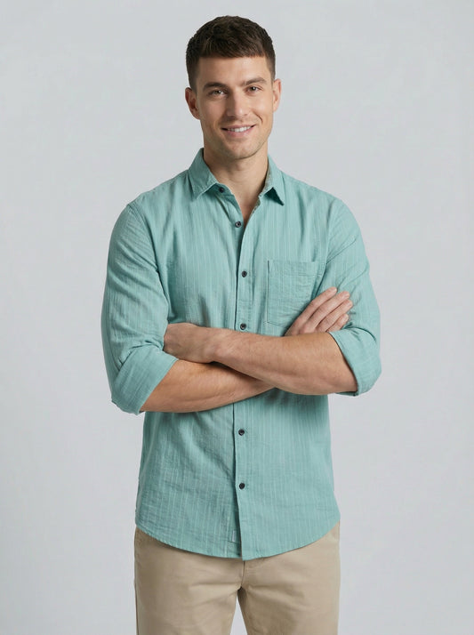 Men's Sky Blue Textured Cotton-Blend Casual Button-Down Shirt