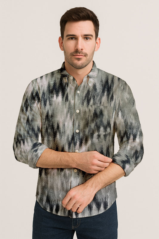 Zigzag Print Long Sleeve Shirt – Cotton Blend Button Down Casual Wear