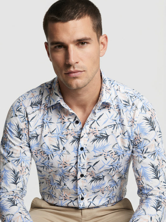 Men's Tropical Palm Blue Leaf Print Long Sleeve Button-Down Casual Shirt - Summer Vacation Style