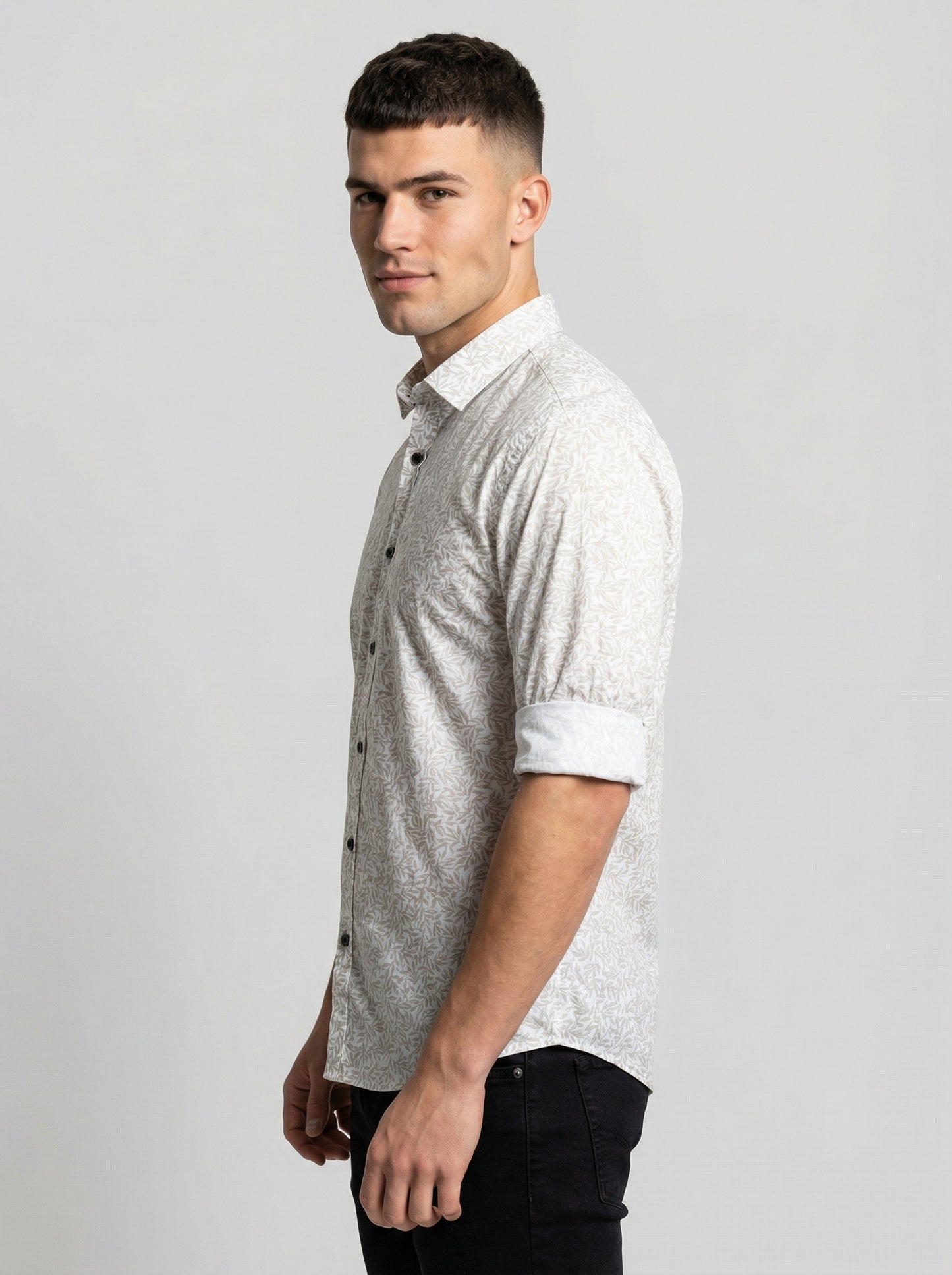 Men's Elegant Cream Leaf Print Long Sleeve Button-Down Shirt