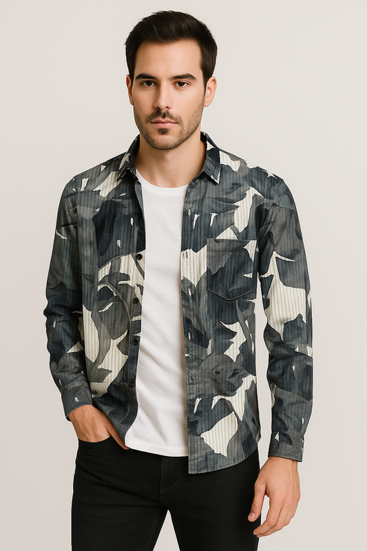 Men’s Long Sleeve Button Down Shirt – Tropical Leaf Print Cotton Shirt, Casual Summer Dress Shirt