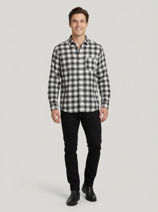Slim-Fit Black & White Plaid Brushed Cotton Shirt