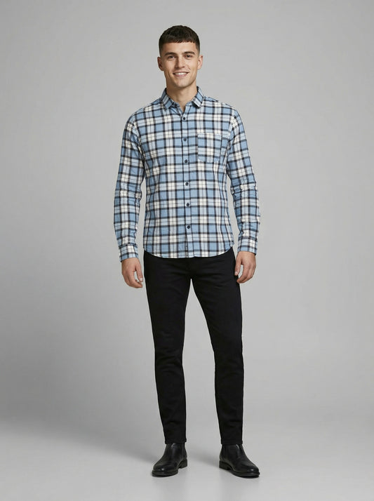 Men's Classic Blue and Grey Plaid Button-Down Shirt