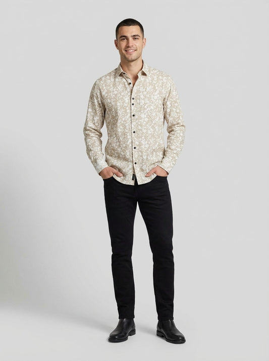 Men's Slim-Fit Linen-Blend Botanical Floral Shirt in Sand