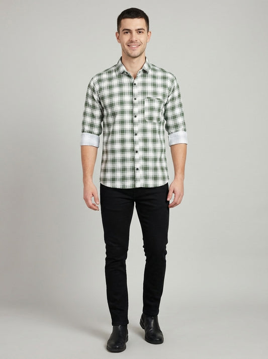 Men's Premium Green & White Plaid Cotton Button-Down Shirt