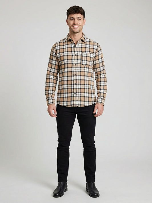 Men's Classic Tan and Black Plaid Button-Down Shirt - Long Sleeve Casual Top
