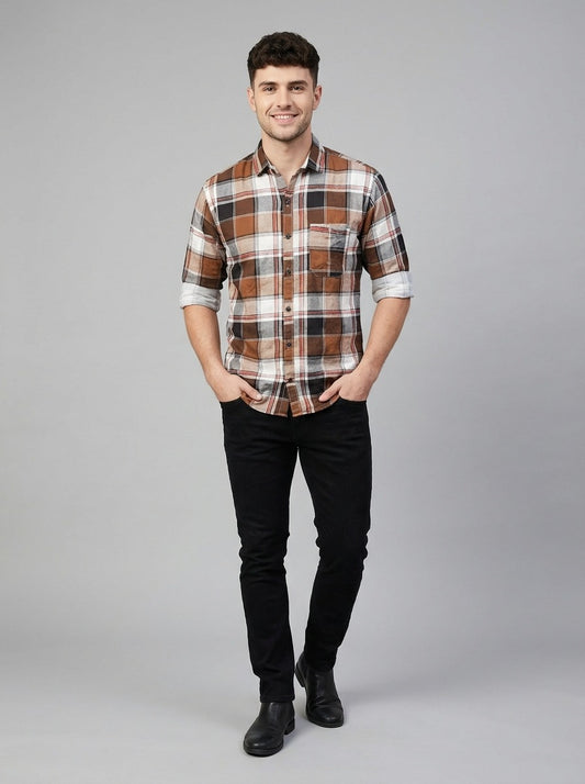 TheShowfine Slim Fit Brown Plaid Cotton Button-Down Shirt