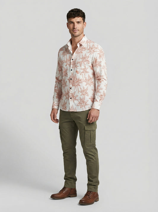 Men's Slim Fit Terracotta Palm Print Linen Blend Shirt