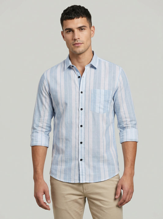 Men's Premium Vertical Striped Linen Casual Long Sleeve Button-Down Shirt