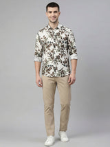 Front view of Men's Botanical Leaf Print Button-Down Shirt in earth tones