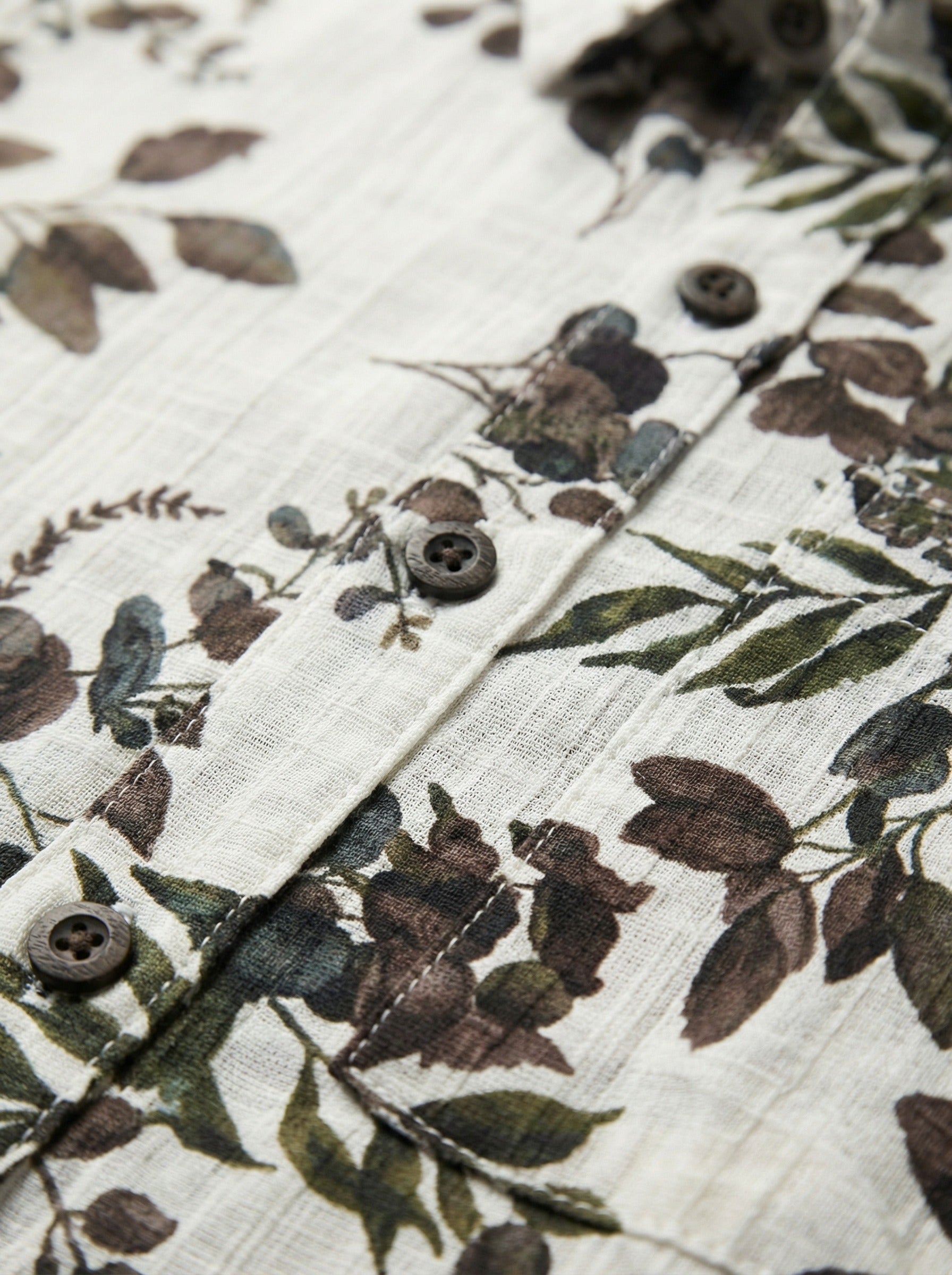 Model wearing the botanical leaf print shirt front view