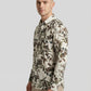Model wearing the botanical leaf print shirt with arms crossed