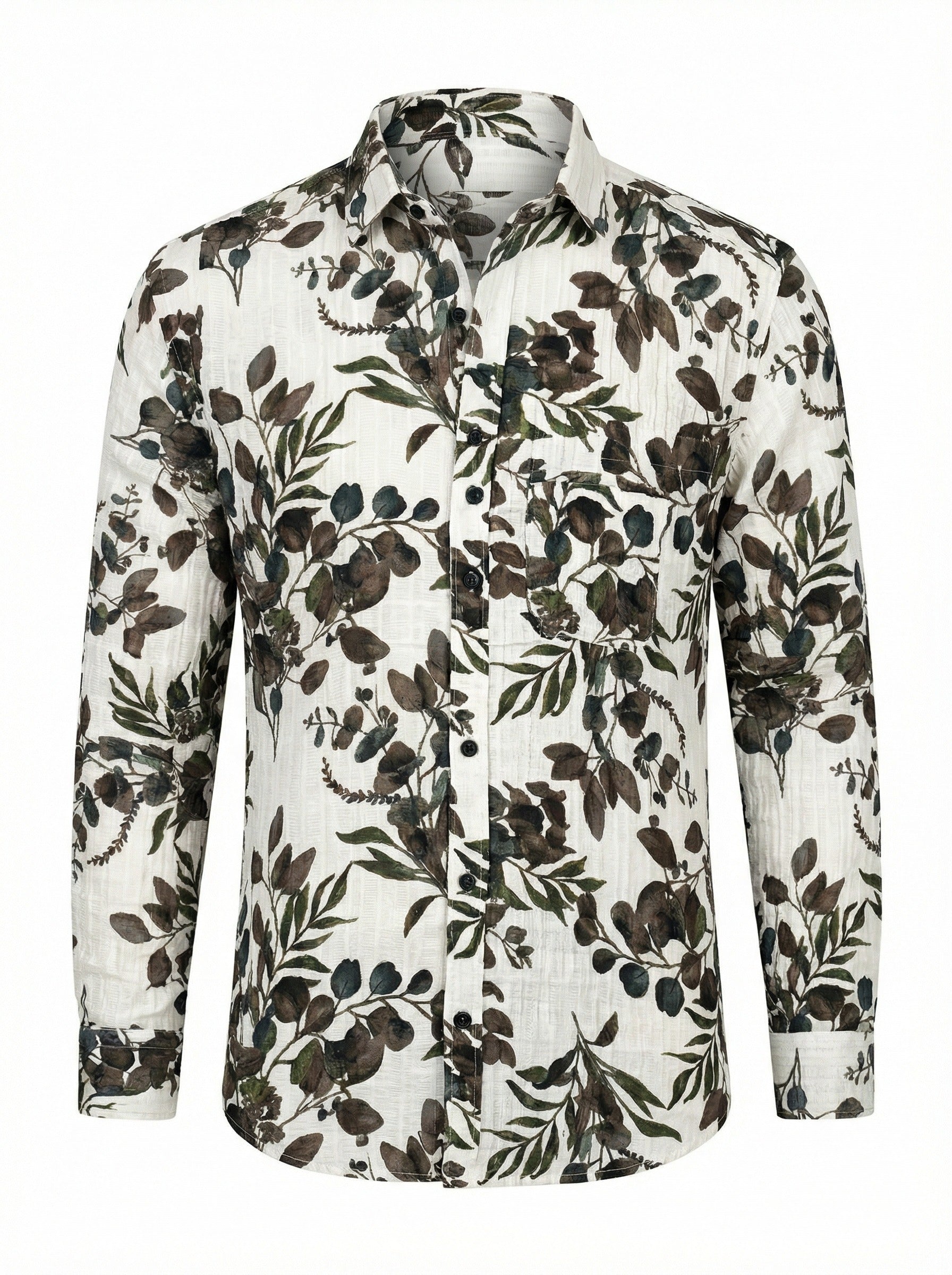 Side view of model wearing the botanical leaf print shirt