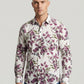 Front view of Showane Men's Purple Botanical Leaf Print Long-Sleeve Button-Down Shirt