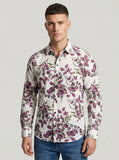 Front view of Showane Men's Purple Botanical Leaf Print Long-Sleeve Button-Down Shirt