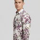Side view of Showane Men's Purple Botanical Leaf Print Shirt on model