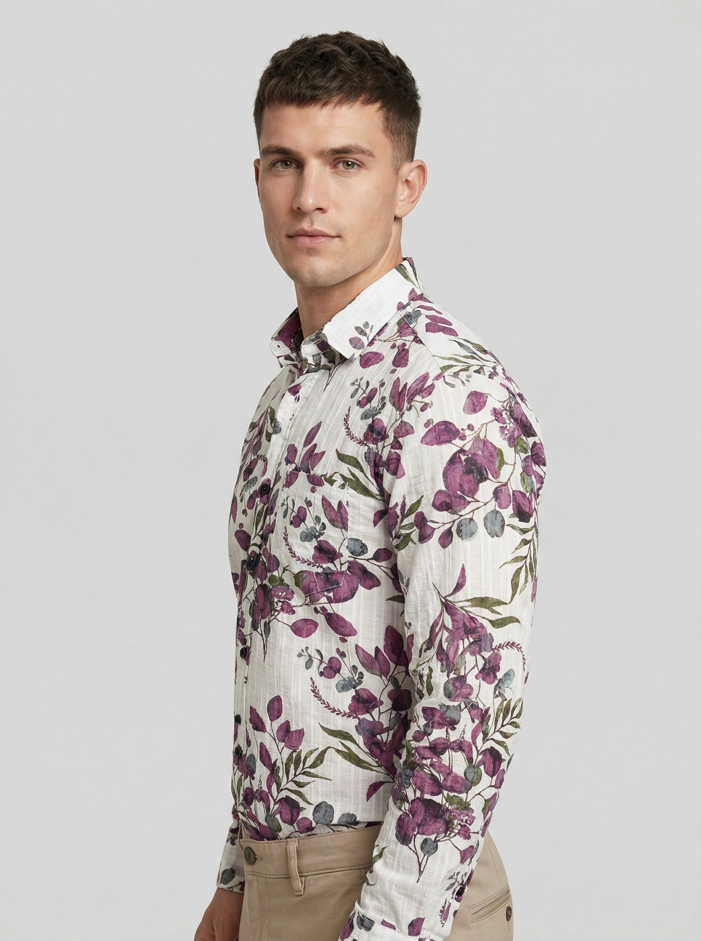 Side view of Showane Men's Purple Botanical Leaf Print Shirt on model