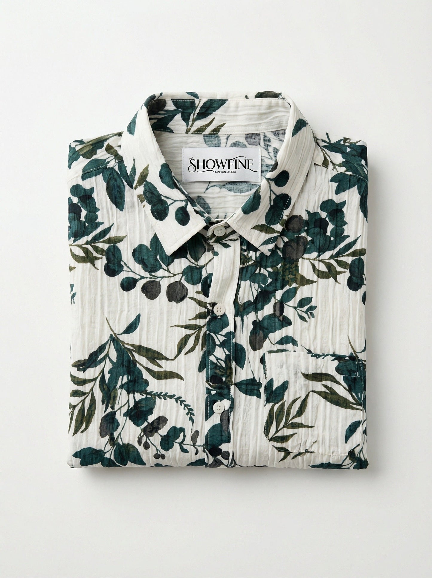 Folded Men's Botanical Print Crinkle-Texture Shirt showing the SHOWFINE brand label.