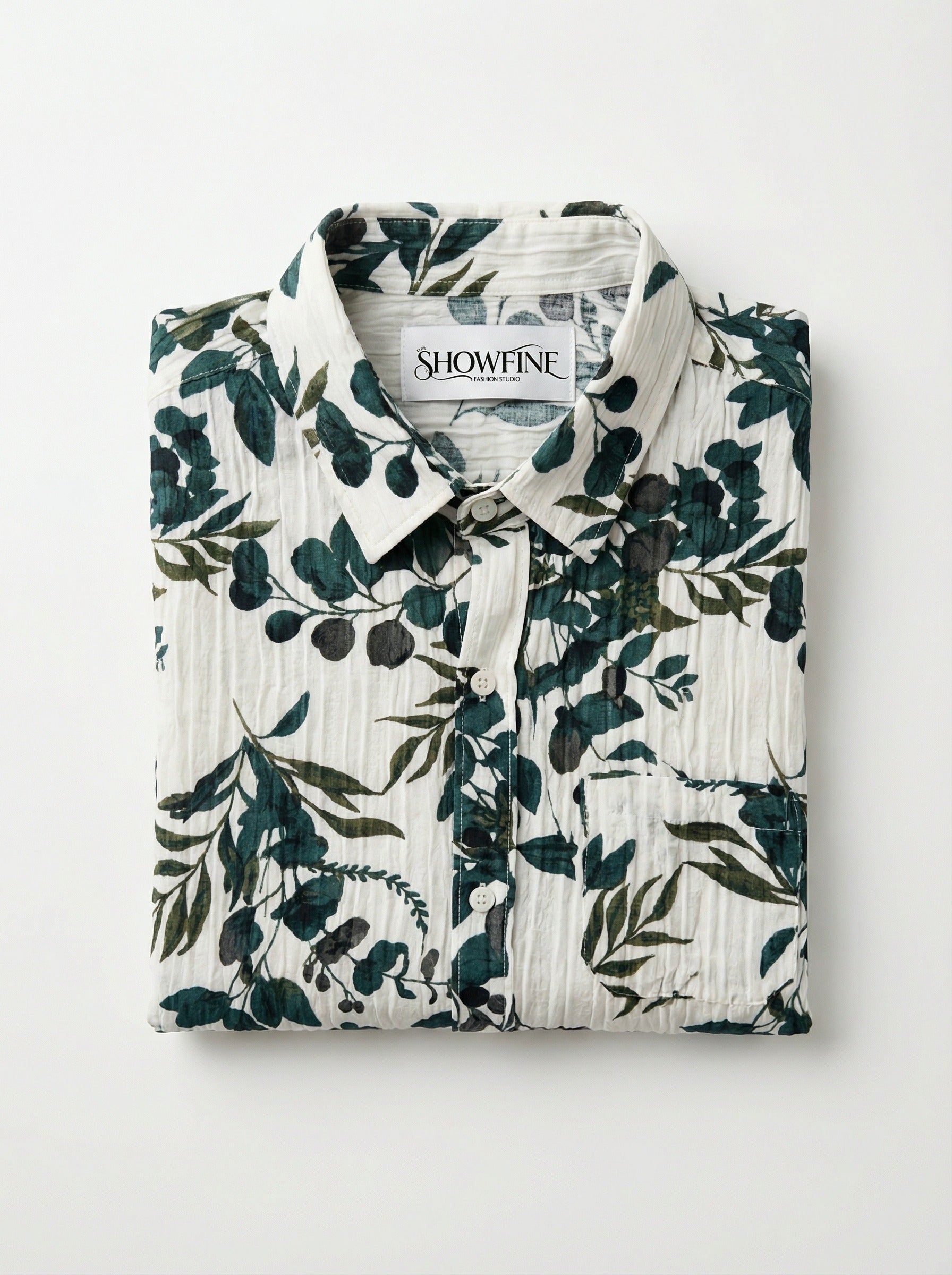 Folded Men's Botanical Print Crinkle-Texture Shirt showing the SHOWFINE brand label.