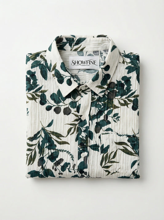Folded Men's Botanical Print Crinkle-Texture Shirt showing the SHOWFINE brand label.