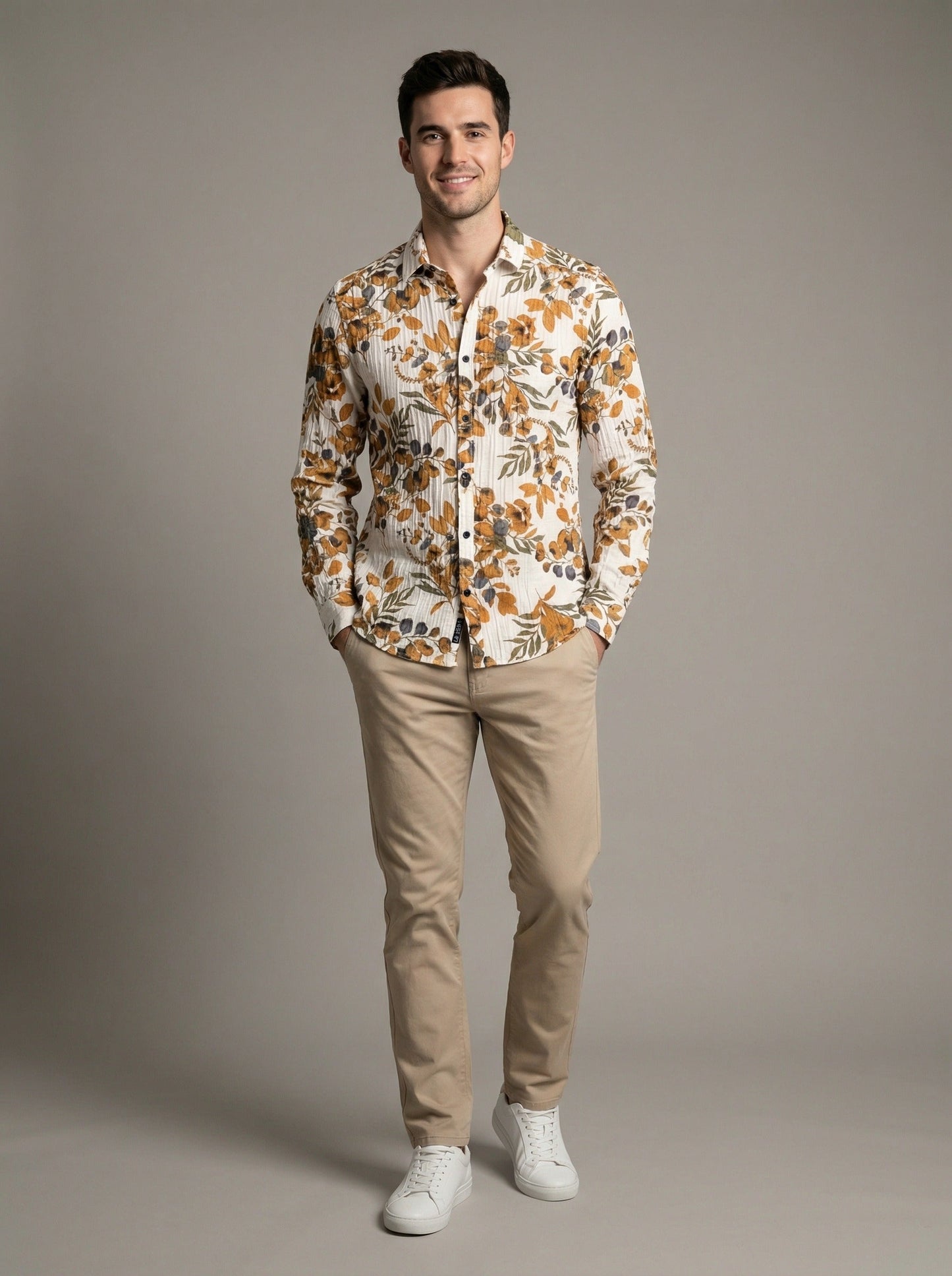 Full front view of Men's Showmine Earthy Floral Seersucker Button-Down Shirt with botanical print