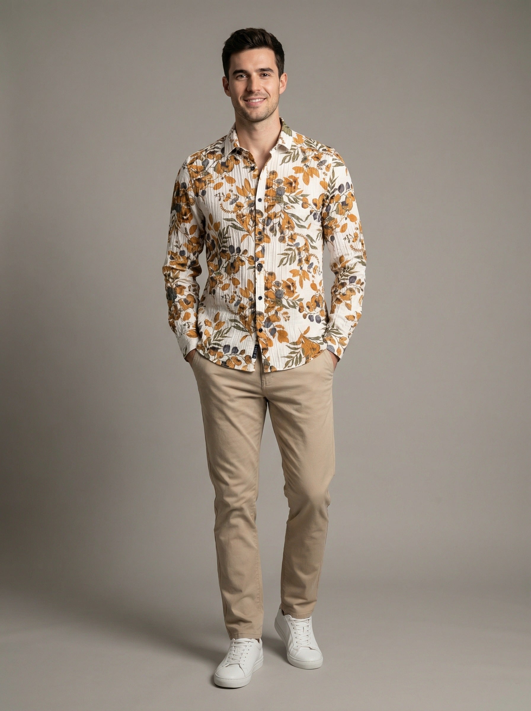 Full front view of Men's Showmine Earthy Floral Seersucker Button-Down Shirt with botanical print