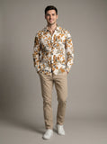 Full front view of Men's Showmine Earthy Floral Seersucker Button-Down Shirt with botanical print