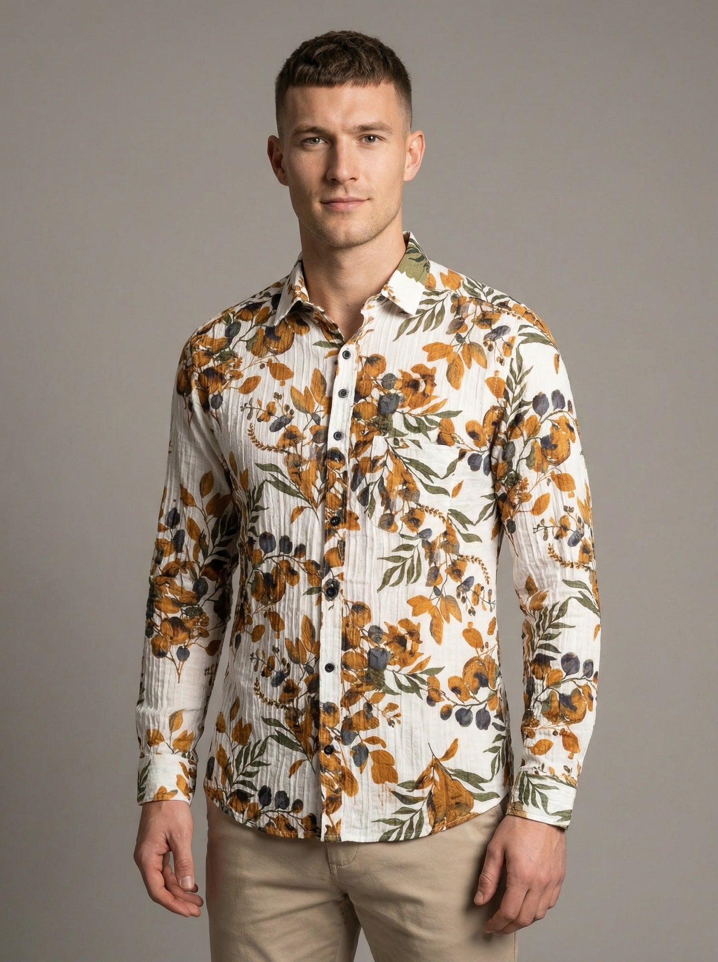 Front medium shot focusing on the intricate botanical print and crinkle texture of the fabric