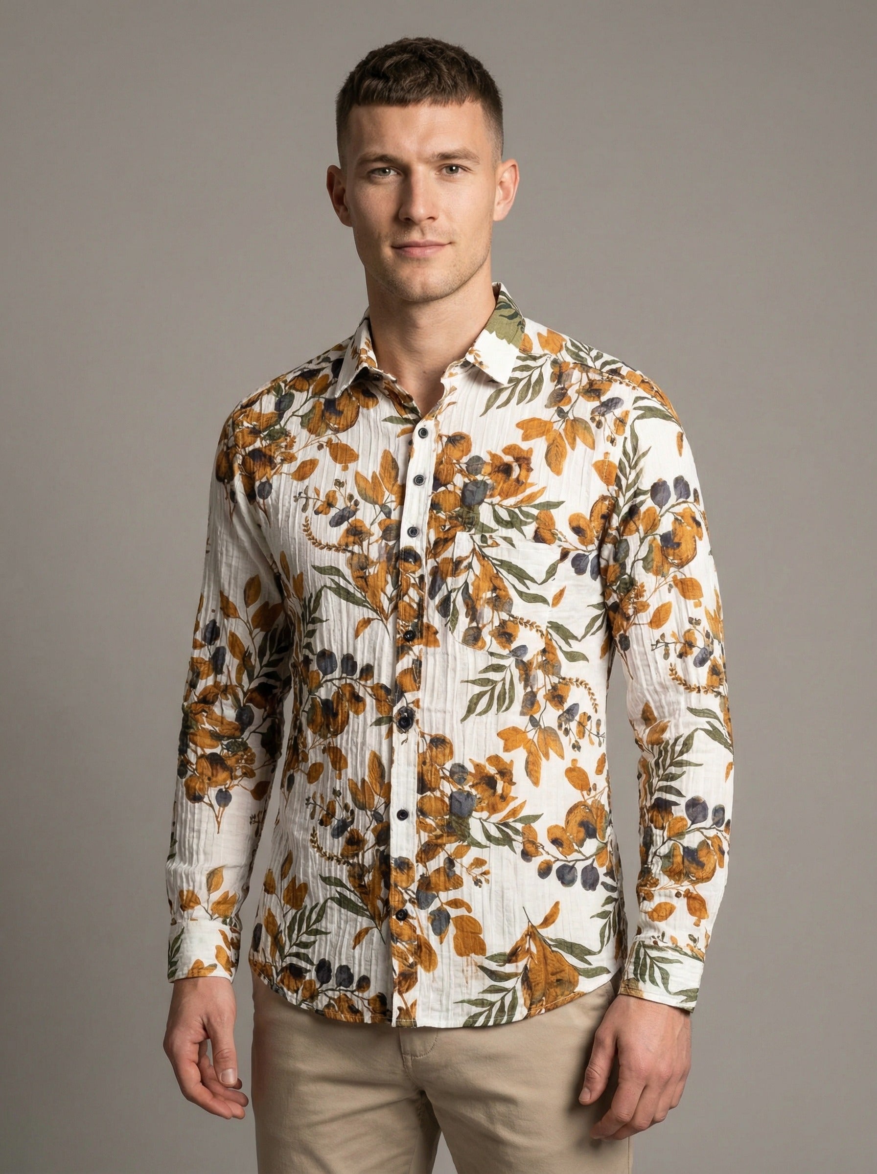 Front medium shot focusing on the intricate botanical print and crinkle texture of the fabric