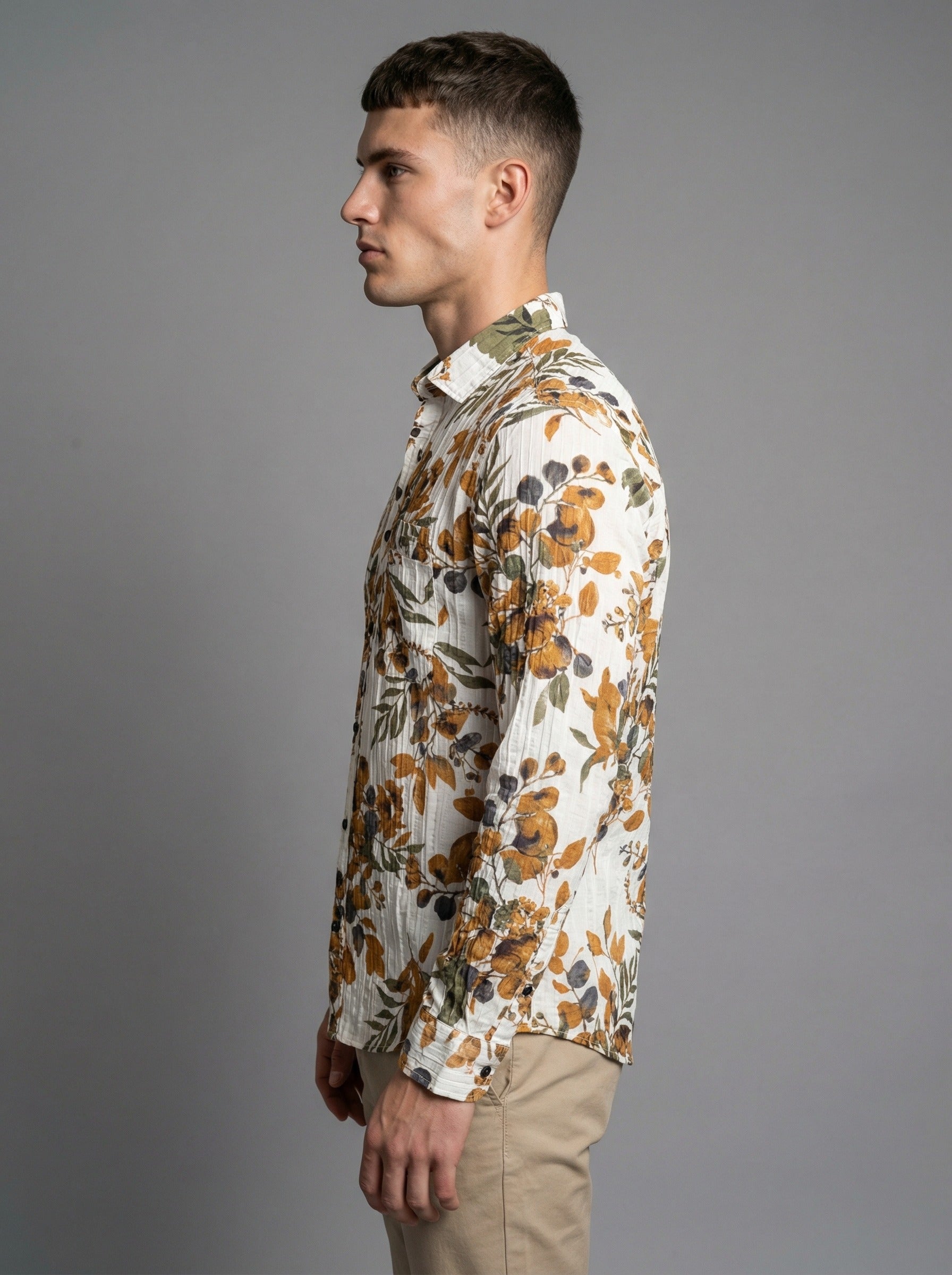 Side view of model wearing the long sleeve printed casual shirt