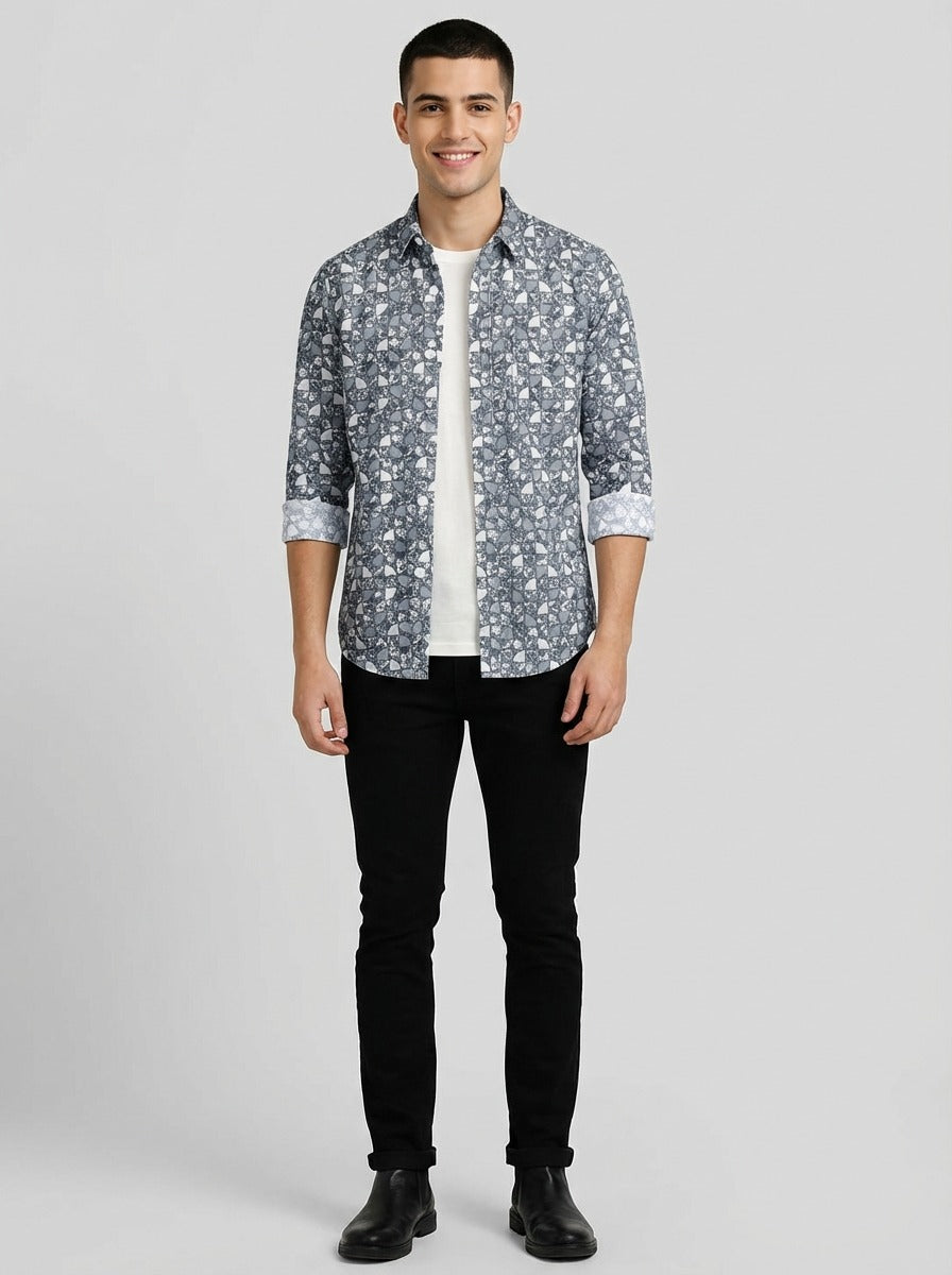 Men's Slim Fit Mosaic Print Cotton Shirt - Slim Fit Luxury Shirt
