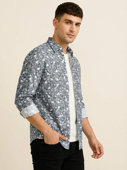 Men's Slim Fit Mosaic Print Cotton Shirt - Slim Fit Luxury Shirt