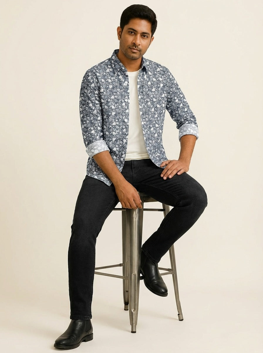 Men's Slim Fit Mosaic Print Cotton Shirt - Slim Fit Luxury Shirt