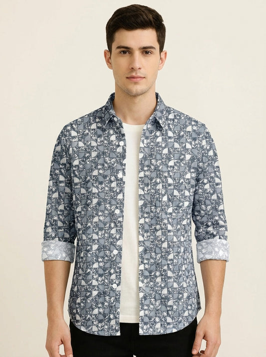 Men's Slim Fit Mosaic Print Cotton Shirt - Slim Fit Luxury Shirt