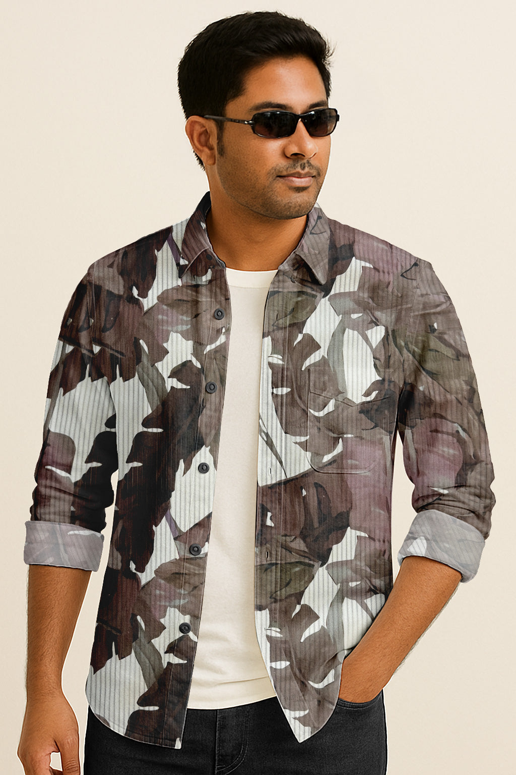 Men’s Long Sleeve Button Down Shirt – Tropical Leaf Print Cotton Shirt, Casual Summer Dress Shirt