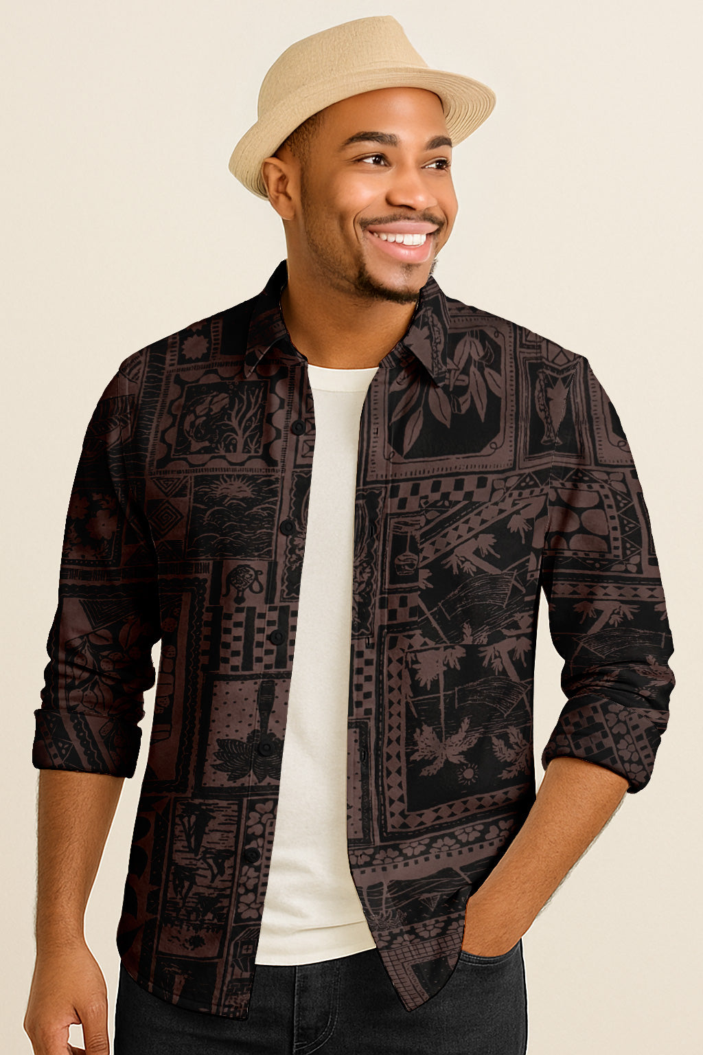 Boho Island Print Long Sleeve Shirt – Cotton Blend Button Down Casual Wear