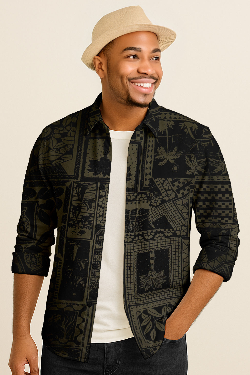 Boho Island Print Long Sleeve Shirt – Cotton Blend Button Down Casual Wear